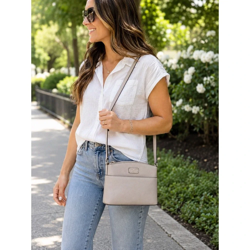 Kate Spade NY Neutral Pebbled Leather Gray Crossbody Bag Zip Top Lightweight